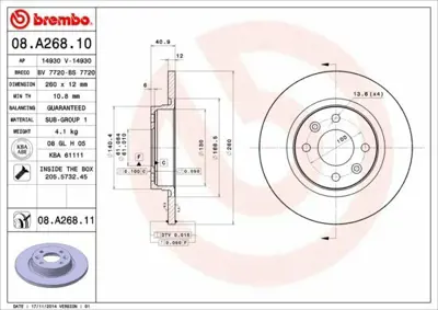 BREMBO 08.A268.10 On Fren Aynası Dacıa Logan 1.4.1.6 (09 - 04 ) Abs Lı Araclar Icın 8200123117