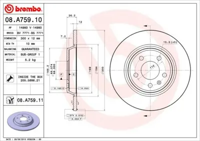 BREMBO 08.A759.10 Fren Diski Vw A4-A5-Q5 2008-> A6 2012>arka  300x12 18152047129, 80A615601, 80A615601B, 8A75910, 8K0098601E, 8K0098601F, 8K0615301A, 8K0615301B, 8K0615601B, 8K0615601J