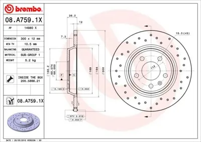 BREMBO 08.A759.1X Fren Diski Vw A4-A5-Q5 2008-> A6 2012>arka  300x12 Delikli Kaplamalı 18152047129, 80A615601, 80A615601B, 8A75910, 8K0098601E, 8K0098601F, 8K0615301A, 8K0615301B, 8K0615601B, 8K0615601J