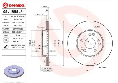 BREMBO 09.4869.34 Fren Dıskı On 190 W201 88>93 C124 87>92 A124 93>98 S124 88>93 W124 88>93 R107 86>89 A1294210312