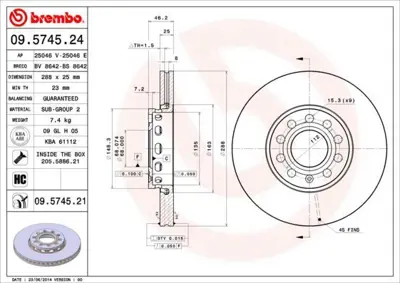 BREMBO 09.5745.24 On Fren Aynası Havalı Passat 11 - 96> Passat Varıant 11 - 96> 8E0615301Q, L4A0615301C
