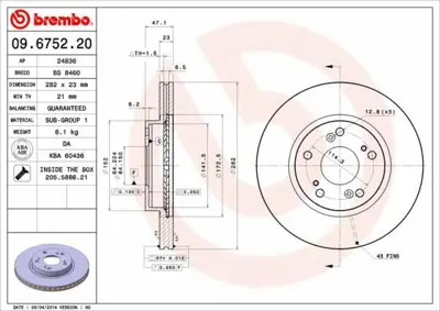 BREMBO 09.6752.20 Fren Diski Cıvıc Cr-V 2.0 01> Cıvıc 06> Fc5 16> Ön 45251S7AN10