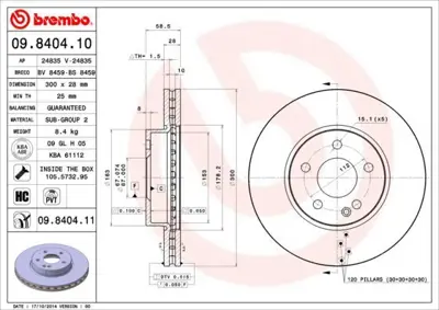 BREMBO 09.8404.10 Fren Diski Vıano 639 114-116 Cdı Ön 1325772080, 14210910, 2E0698151, 2E0698151B, 2E0698151E, 2E0698151H, 34116792221, 34207820, 34207910, 4216110