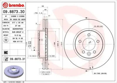 BREMBO 09.8873.31 Fren Diski L.Rover Iıı-R.Rover Sport 2.7 Ön Tek 92134505, SBD000604, SDB000601, SDB000602, SDB000603, SDB000604, SDB500120