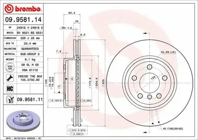 BREMBO 09.9581.11 Fren Diski E-83 Ön Tek 150343120, 1607880680, 1611842180, 1618865380, 2157573, 2357229, 3080201, 3400151, 3404362, 34111163387