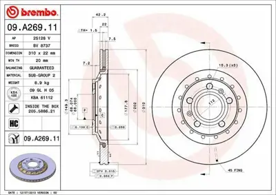 BREMBO 09.A269.11 Arka Fren Aynası Havalı A8 4e_ 3.0 Tdı Quattro - 4.0tdı Quattro - 4.2 Quattro - 6.0 W 12 Quattro 03  3D0615601D, 4E0615601K