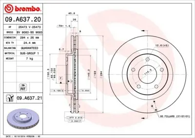 BREMBO 09.A637.21 Fren Diski Compass Patriot 2.0 2.4 Asx 1.6 1.8 10>ön 12163067, 15105514AA, 1607500580, 1610623080, 230593, 230843, 2AMV5514AA, 4615A075, 4615A117, 4615A159