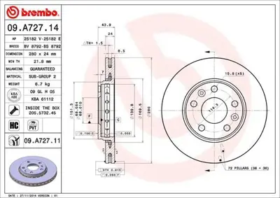 BREMBO 09.A727.14 Fren Diski Renault Fluence-Megane Iıı 1.5 D Ön 402060010R, 402060010Rkit, 402060010RSK, 4020600Q0L, 4020600Q0Lkit, 4020600Q1B, 4020600Q1Bkit, 4020600Q2D, 4020600Q2M, 402061715R