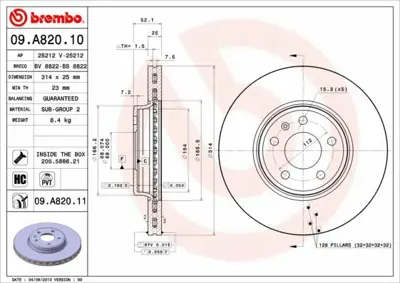 BREMBO 09.A820.10 Fren Diski Vw A4-A5  08- Ön  314x25 1815204799, 4351230090, 4E0615301AD, 4F0615301D, 4F0615311D, 4FD615301, 8K0098301, 8K0098301F, 8K0615301, 8K0615301T