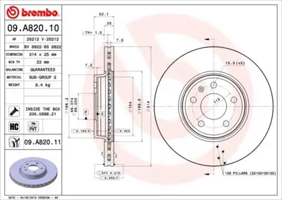 BREMBO 09.A820.11 Fren Diski Vw A4-A5  08- Ön  314x25 1815204799, 4351230090, 4E0615301AD, 4F0615301D, 4F0615311D, 4FD615301, 8K0098301, 8K0098301F, 8K0615301, 8K0615301T