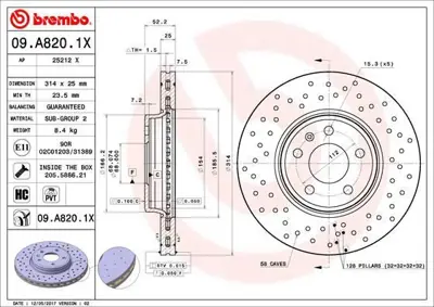 BREMBO 09.A820.1X Fren Diski Vw A4-A5  08- Ön  314x25 Delikli Kaplamalı 1815204799, 4351230090, 4E0615301AD, 4F0615301D, 4F0615311D, 4FD615301, 8K0098301, 8K0098301F, 8K0615301, 8K0615301T
