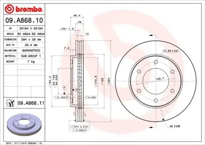 BREMBO 09.A868.10 Fren Diski L200 2.5 D-Id 05> Ön Ç:294 4615A002, 4615A002T, 4615A147, 4615A201, 4615A203, 4615A241, 6000609712, 6000611049, 92180203, K6000609712