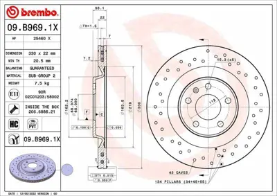 BREMBO 09.B969.1X Fren Dıskı Vw A6-A8-A4 2010-> Quatro Arka 330x22 Delikli Kaplamalı 4020600Q0M, 4020600Q1A, 402061715R, 402066300R, 4H0615301H, 4H0615601D, 4H0615601H, 4H0615601K, 4H0615601Q, 80A615601A