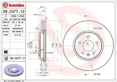 BREMBO 09.C377.11 Fren Diski Opel Astra J - Zafıra C  17 Inc 321mm (Kaplamalı) Ön 95527034