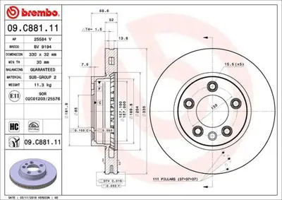 BREMBO 09.C881.11 Fren Dıskı Vw Touareg-Cayenne Ön Sol   330x32 1K0615301AA, 230108, 561615301, 5C0615301B, 5Q0615301F, 7700715081, 7700715081RP, 7700715166, 7700715412, 7700753321