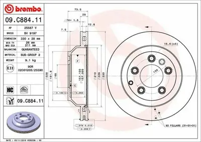 BREMBO 09.C884.11 Fren Diski Vw Touareg- Q7 Arka   330x28 7L0615601D, 7L6615601C, 7L6615601D, 7L6615601J, 7L8615301C, 7L8615601C, 7L8615601D, 7L8615601G, 7L8615601J, 7L8615601N