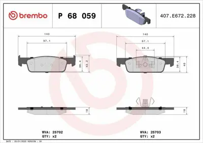 BREMBO P68059 Fren Balatası 2570201, 2K5698151, 2K5698151A, 2K5698151B, 2Q0698151F, 2Q0698151K, 402062212R, 402063149R, 402067615R, 410600222R
