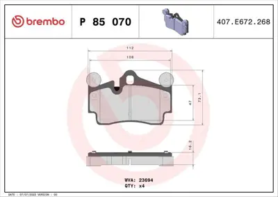 BREMBO P85070 Fren Balatası Vw Touareg  Q7 Cayenne  17   Arka 101330249, 2369402, 274285, 274331, 4L0698151A, 4L0698151B, 4L0698151C, 4L0698451D, 6L0698451, 6L0698451A