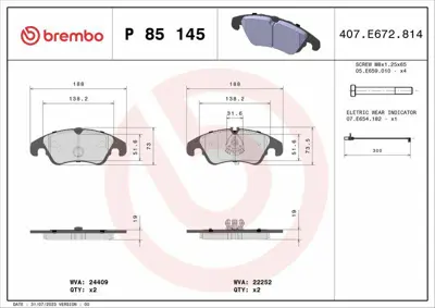 BREMBO P 85 145 Fren Balatası Vw A4,A5,A6 2008> Ön  320x30  345x30 8K0698151C/E