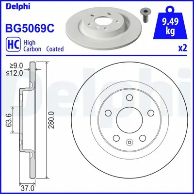 DELPHI BG5069C Arka Fren Dıskı Volvo Xc40 17 > 280mm 32300124