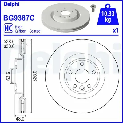 DELPHI BG9387C Fren Diski R.Rover Velar 2.0-3.0 Ön Tek LR090684, LR125902, T4A2342, T4A34339, T4N1801