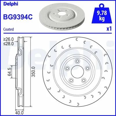 DELPHI BG9394C Fren Dıskı (Teklı Paket)   Boyalı Delıklı Arka Jaguar Xk Serıe03-2006 07-2014 C2P10562