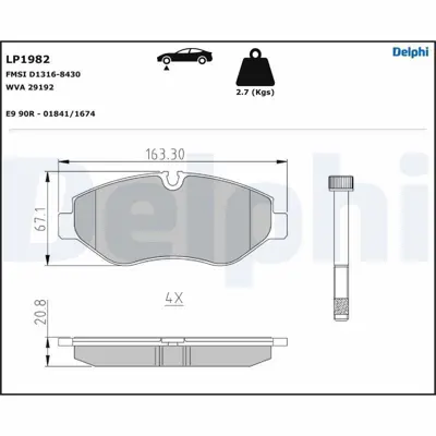 DELPHI LP1982 Fren Balatası Ön Vıto W639 07 Vıto W447 14 Crafter 06 Sprınter 06 A0044208320