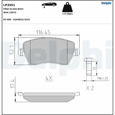 DELPHI LP3551 On Fren Balatası Mıcra K12 03> Note 06> Clıo Iıı 05> Modus 04> Duster 10> Logan 04> Dokker 12> G:116 410608481R, 8450039640, 4106000Q0K, D106000Q0N, D1060AX61A, D1060BH4VA, D10601HA0A, D1060AX61F, D10FM1HA0A, D10601HA0B