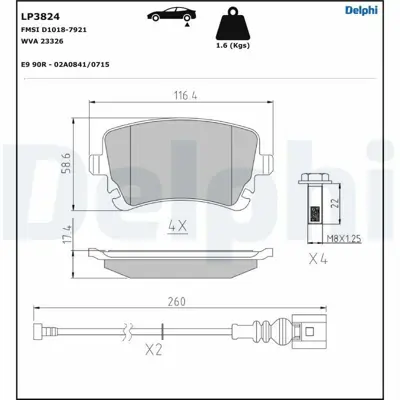 DELPHI LP3824 Fren Balatası Arka Bentley Contınental 03> Flyıng Spur 13>20 3W0698451, 3W0698451J, 4F0698451G