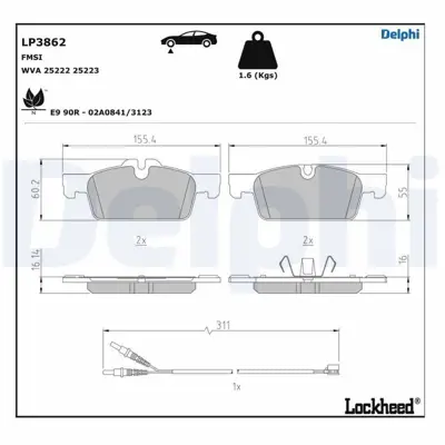DELPHI LP3862 On Fren Balatası P508 P508 Sw 1,6 Vtı,1,6 Thp,1,6 Hdı,2,0 Hdı,2,2 Hdı 11   10>