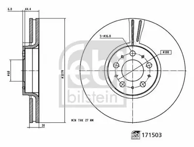 FEBI BILSTEIN 171503 On Fren Aynası Havalı Volvo Xc 90 2.5t D5 T6 02> (17 Jant) - (328x108x51,2 Havalı) 30657301