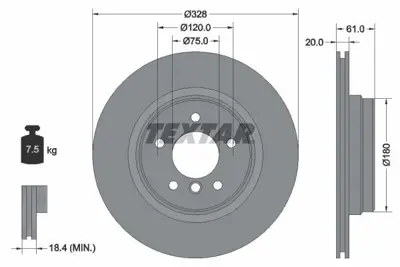 TEXTAR 92074904 Fren Diski E-38 Arka  7.50 Tek 34211160233