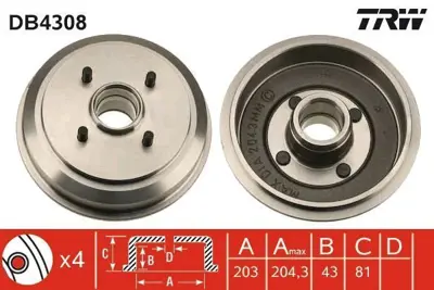 TRW DB4308 Arka Fren Kampanası Fıesta 01>08 Fusıon 01>12 7S611113AA, DD3226250A