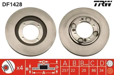 TRW DF1428 Fren Diski Ön Coupe 96>02 Lantra 90>00 Havalı 257mm 5171228300
