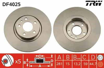 TRW DF4025 Fren Diski Ön 147 01>10 156 97>06 Düz 281mm 60617106, 60653487, 60658567, 71739641, 71713144, 77362251, 77362327, 9947936, 9948335, 9948337