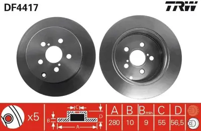 TRW DF4417 Arka Fren Disk (Aynasi) Duz Toyota Avensis 1.6 1.8 2.0d 03>08 (280×5) 42431-05030