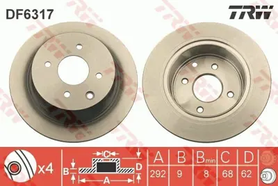 TRW DF6317 Fren Disk Nıssan Cube Arka 2011 D3206EM10A, 43206EM10A, 43206ZW90A, 43206EW81A, 43206EW81AC, 43206EW81B, D3206ZW90ARV, D3206EM1VA