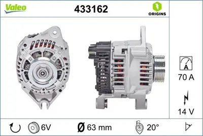 VALEO 433162 Alternator 12v 70a Berlıngo Jumpy Xantıa Xsara Scudo P306 Expert Partner 1,6 - 1,8d - 1,9d - 2,0 97> 5705JR, 9612259680, 96122596R