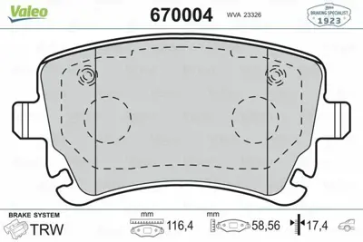 VALEO 670004 Arka Fren Balatasi Vw Transporter T5 03> A4 04 09 A6 04 11 A8 03 10 (Fissiz) 7H0698451