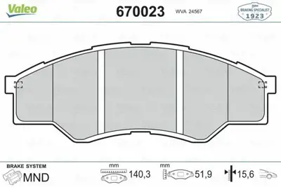 VALEO 670023 On Fren Balatası Hılux Iıı Pıckup 2,5d 4d 06 - 06> 44650K160