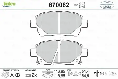 VALEO 670062 Dısk Fren Balatası (Ön) Toyota Yaris 1.0-1.3 99>05, İq 1.0-1.3-1.4d 08> 446574020