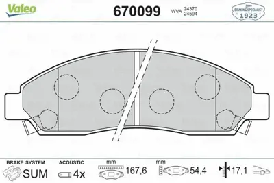 VALEO 670099 On Fren Dısk Balatası Isuzu D-Max 4x2 4x4 04>10 8973293330, 8973682510, 8973682520, 89040317, 8980511170