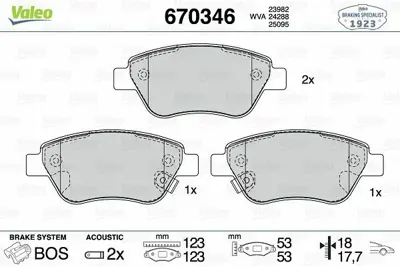 VALEO 670346 Ön Disk Fren Balatası Opel Adam 1.2-1.4 10-12 Vauxhall Adam 1.2-1.4 10-12 95521571