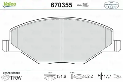 VALEO 670355 Fren Balatası Ön 6RU698151