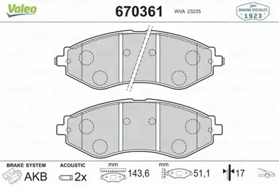 VALEO 670361 Fren Balatası Ön 96281937, 96281939, 96245178, 96253367, 96349060, 96405129, 96475176, 96495227, 96391891, 96534655