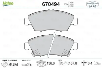 VALEO 670494 Fren Balatası Ön 45022SO4V12, 45022SR3V00, 45022SR3V01, 45022SR3V10, 45022SR3V11, 45022SR3V12, 45022S04V10, 45022S5AJ00, 45022504V10, 6450S5AE50
