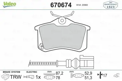 VALEO 670674 Arka Fren Balatasi Fabia 1 4ı 16v 1 9 Tdi 00> 1027650, 1607083280, 1617190980, 1E0698451C, 1H0615406, 1H0698451, 1H0698451A, 1H0698451C, 1H0698451F, 1H0698451H