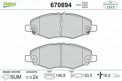 VALEO 670894 On Fren Balatası Hılux Pıckup 2.5 D4d  01-> Hılux Pıckup 2.5 07-> 44650K040