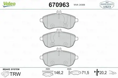 VALEO 670963 Fren Balatası On W204 13>14 S204 13>14 C204 13> W212 13>16 S212 13>16 R172 13> A0054200820