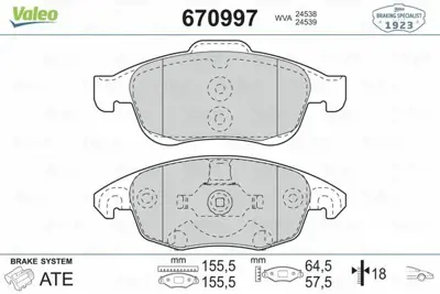 VALEO 670997 On Fren Balatasi 500x Jeep Renegade 14> 1623816280, 425361, 4254C0, 425412, 425413, 425425, E172295, 425465, 1611838580, 1617272980